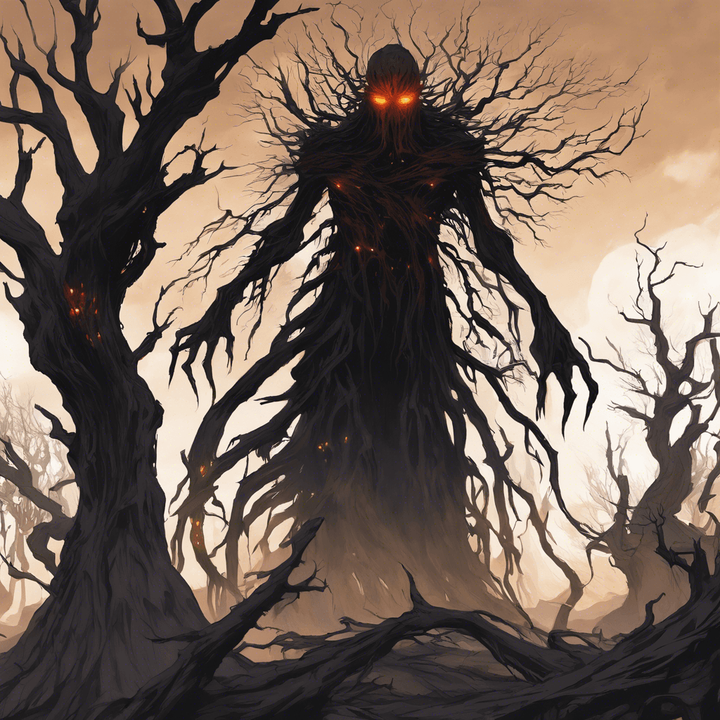 A colossal, shadowy figure, shrouded in miasma and fury, with glowing eyes that burn like twin suns, and fingers that stretch forth like the gnarled branches of dead trees.