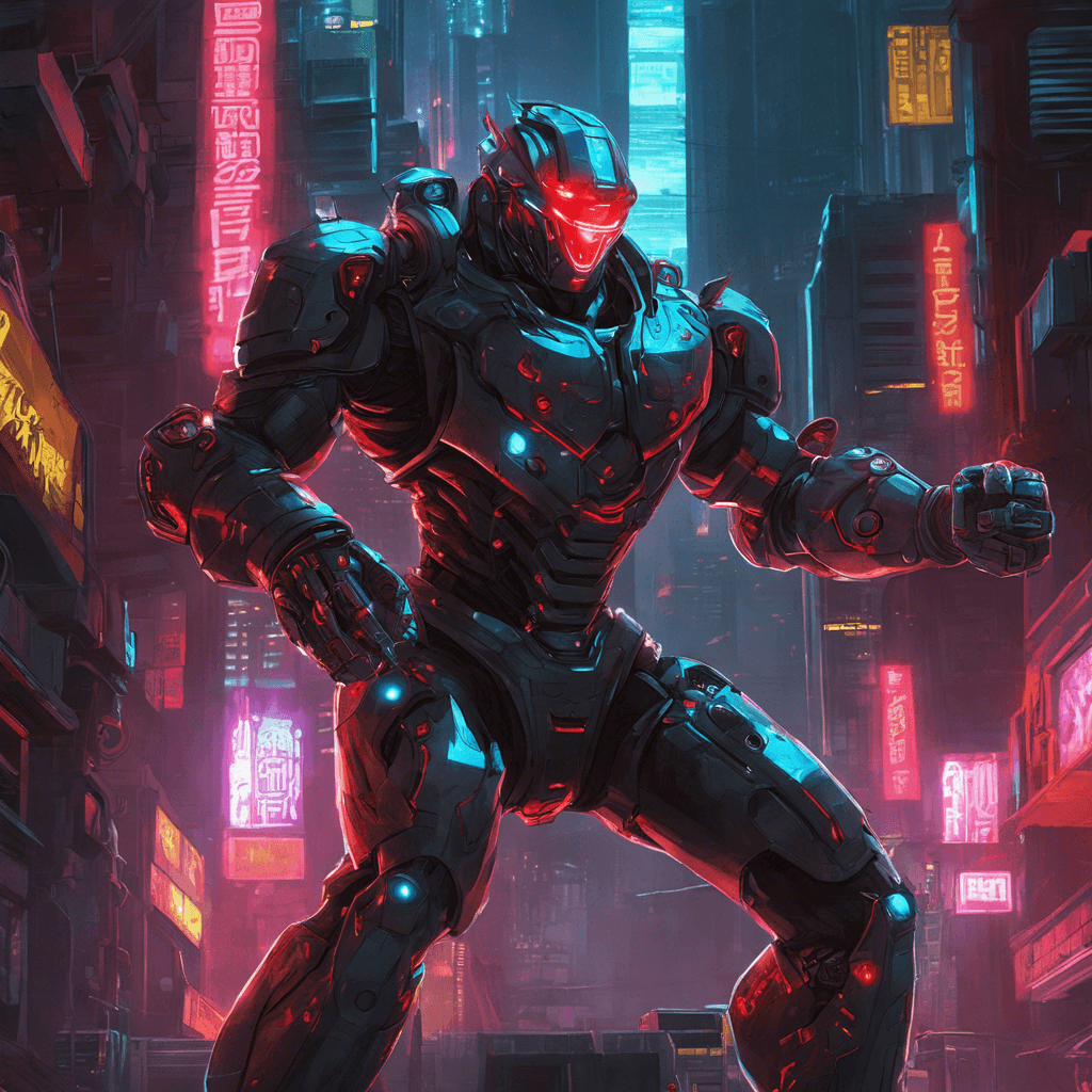 The Cybernetic Enforcer is a towering humanoid figure, clad in sleek robotic armor with glowing red visor eyes that pierce through the dark alleys of Neon City. Its cybernetic enhancements hum with power as it looms over its target, exuding an aura of fear and authority.