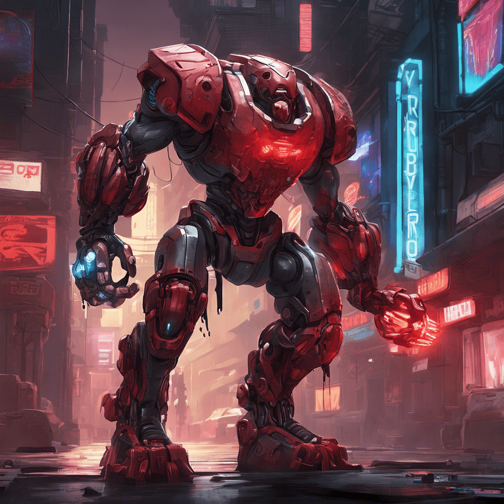 The C.Y.B.O.R.G. Brawler is a heavily augmented humanoid with enhanced cybernetic limbs that gleam in the dim light of the neon-soaked alleyways. Its eyes glow with a menacing red hue, scanning for any potential threats. Hydraulic servos whirr as it readies itself for combat, its metallic fists clenched in anticipation.