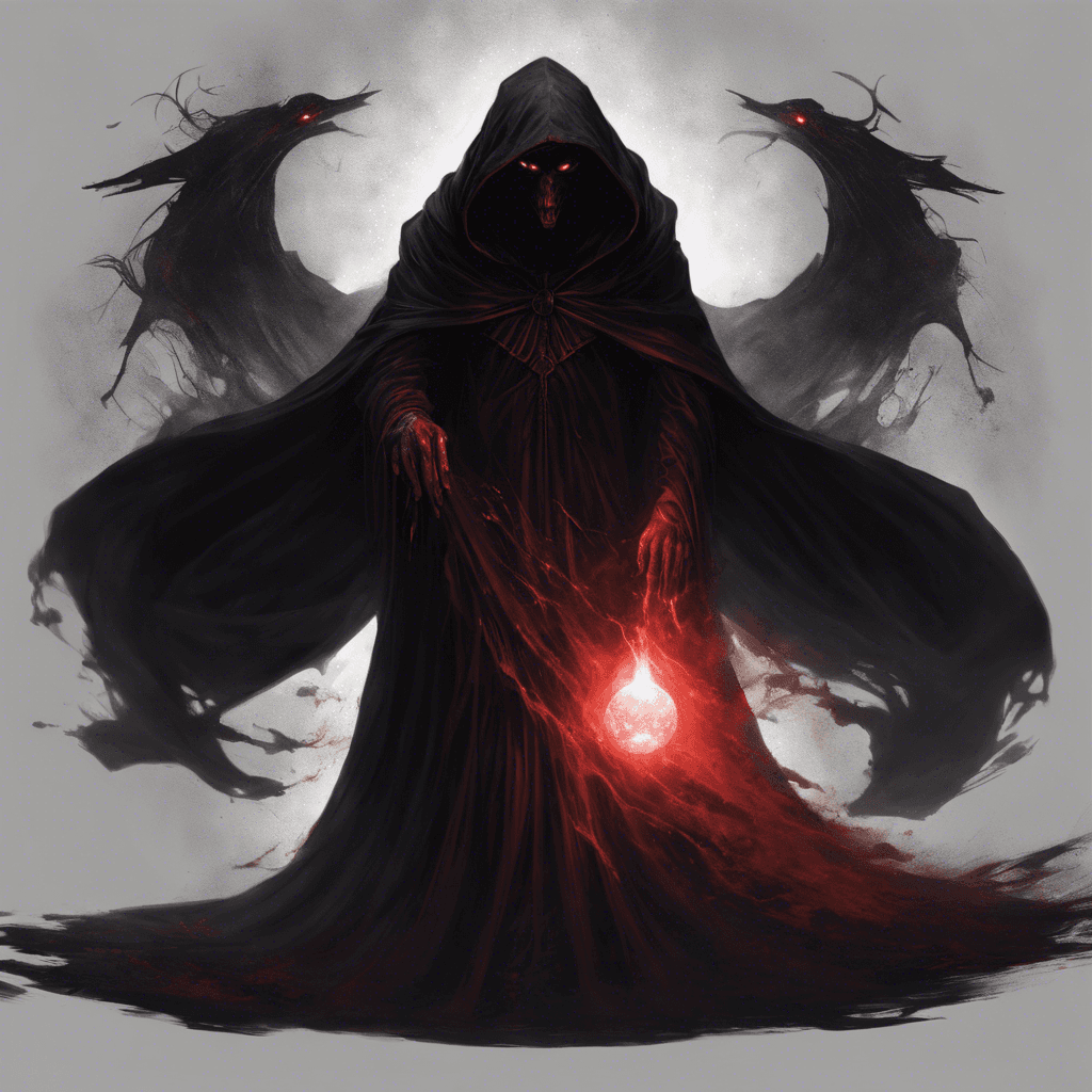 A sinister figure draped in flowing dark robes, its face hidden beneath a hood. Shadows seem to cling to it, and its eyes gleam with a baleful red light. As it raises a hand, the air around it crackles ominously with dark energy.