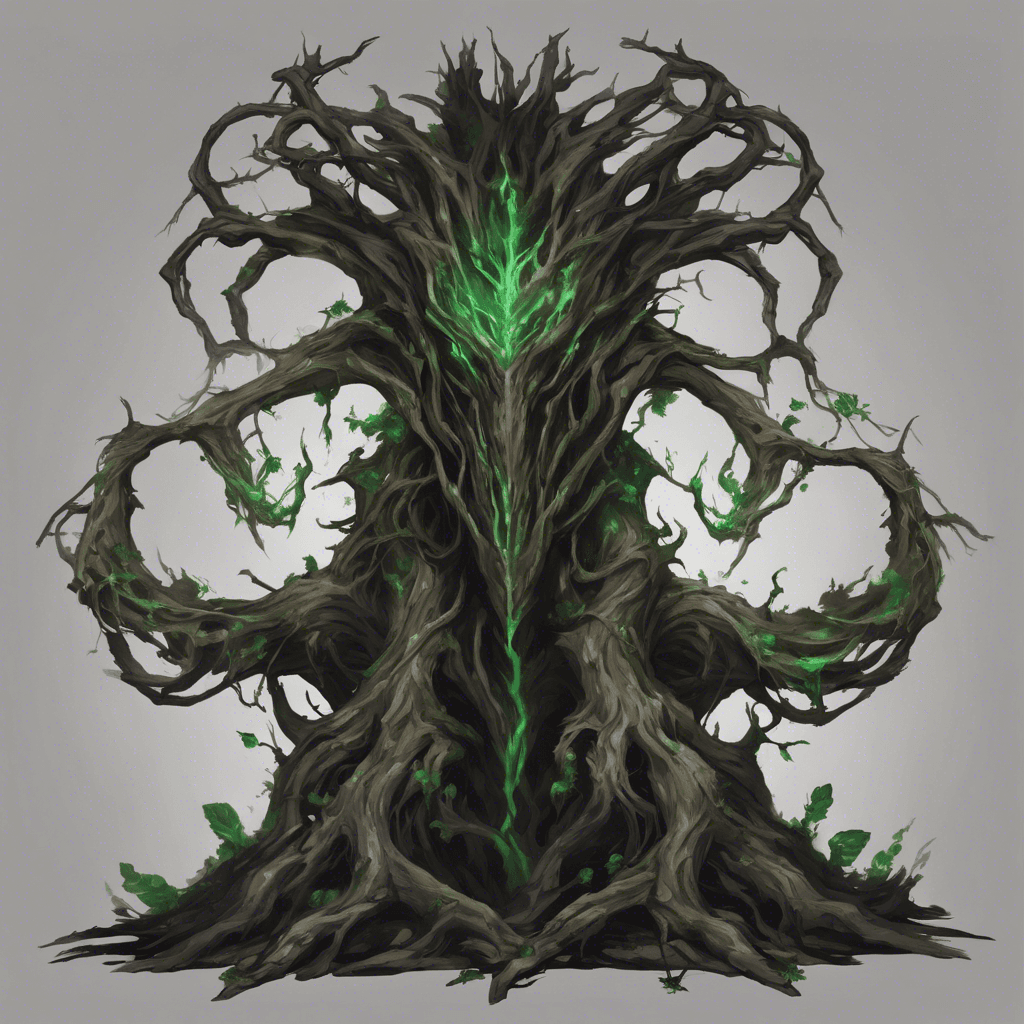 A towering and twisted treant, Grimmroot Ent's bark is ashen grey with pulsating dark energy. Its eyes glow with an eerie green light, and thorny vines twist around its gnarled limbs. Blackened leaves scatter with each powerful step it takes.