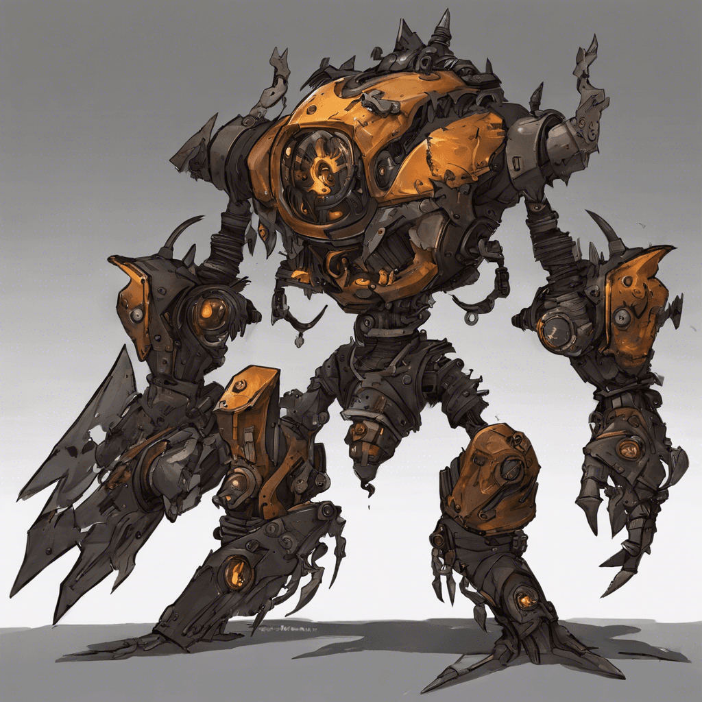 The Gearblade Scavenger is a mechanical construct with a humanoid shape, crafted from dark iron and sharp, salvaged blades for fingers. Its eyes flicker with a haunting amber glow, and steam hisses from the vents on its back, whirring with the sounds of an engine heart.