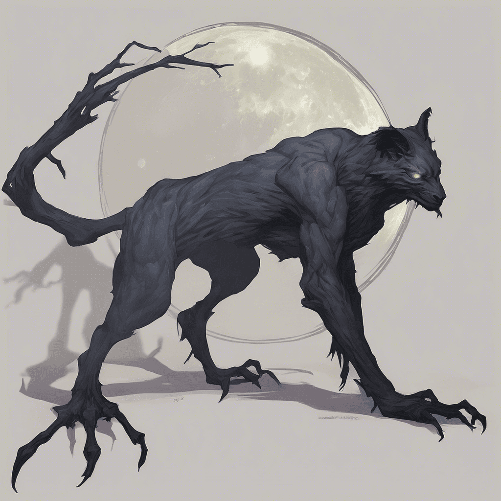 The Moonshadow Stalker is a spectral entity that materializes as a shifting silhouette under the moon's eerie glow. Its form seems to flicker and fade, making it difficult to track its movements as it silently hunts its prey.