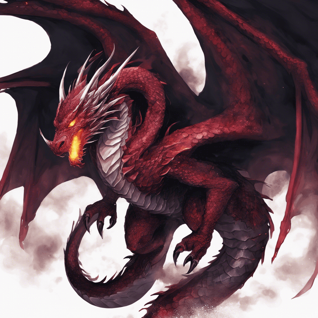 A serpentine dragon with scales as dark as midnight, eyes glowing with a deep crimson hue. Its wings appear tattered and smoke billows softly from its nostrils.