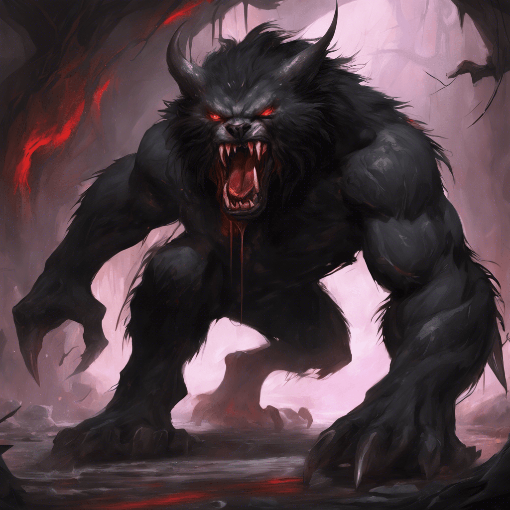 A hulking beast with slick, dark fur that seems to absorb the light around it, large piercing red eyes, and elongated claws dripping with a viscous, black substance.