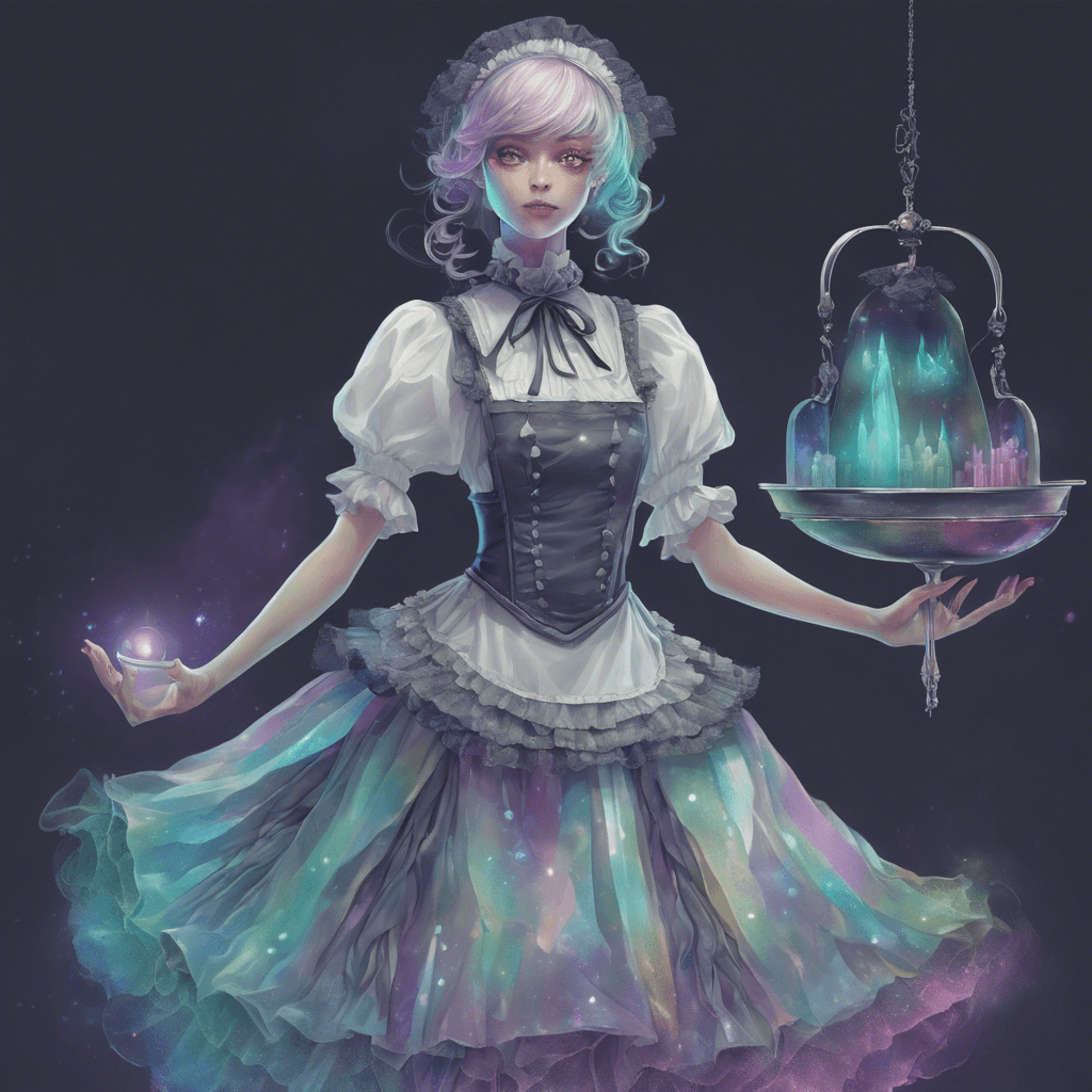 A ghastly maid uniform, ethereal and shimmering with a spectrum of umbral hues, moves with a spectral grace, controlling the body of its wearer.