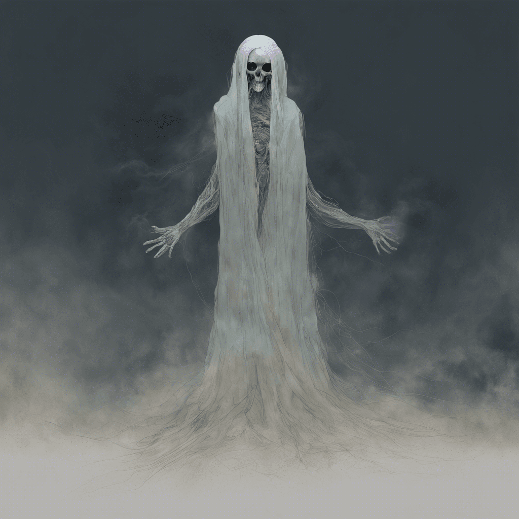 A semi-transparent apparition with hollow eyes and tattered period clothing. It floats above the ground, its form wavering like smoke. Trails of ethereal mist follow its movements, and its gaze pierces with an unnatural cold.