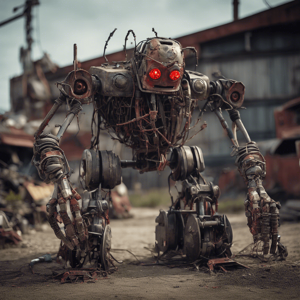 The Scrapyard Scavenger is a robotic monstrosity made up of various mechanical parts salvaged from the industrial ruins of the planet. Its body is a patchwork of steel plates and wires, with glowing red eyes that scan its surroundings for prey. Its limbs end in sharp claws, ready to tear apart anything in its path.