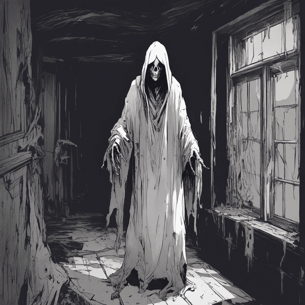 The Specter of the Desolate Manor is a ghostly figure clad in tattered robes, its face obscured by shadows that seem to writhe and shift unnaturally. Its piercing gaze chills the air, and whispers of past tragedies echo around it, sending shivers down the spine of anyone who dares to meet its spectral eyes.