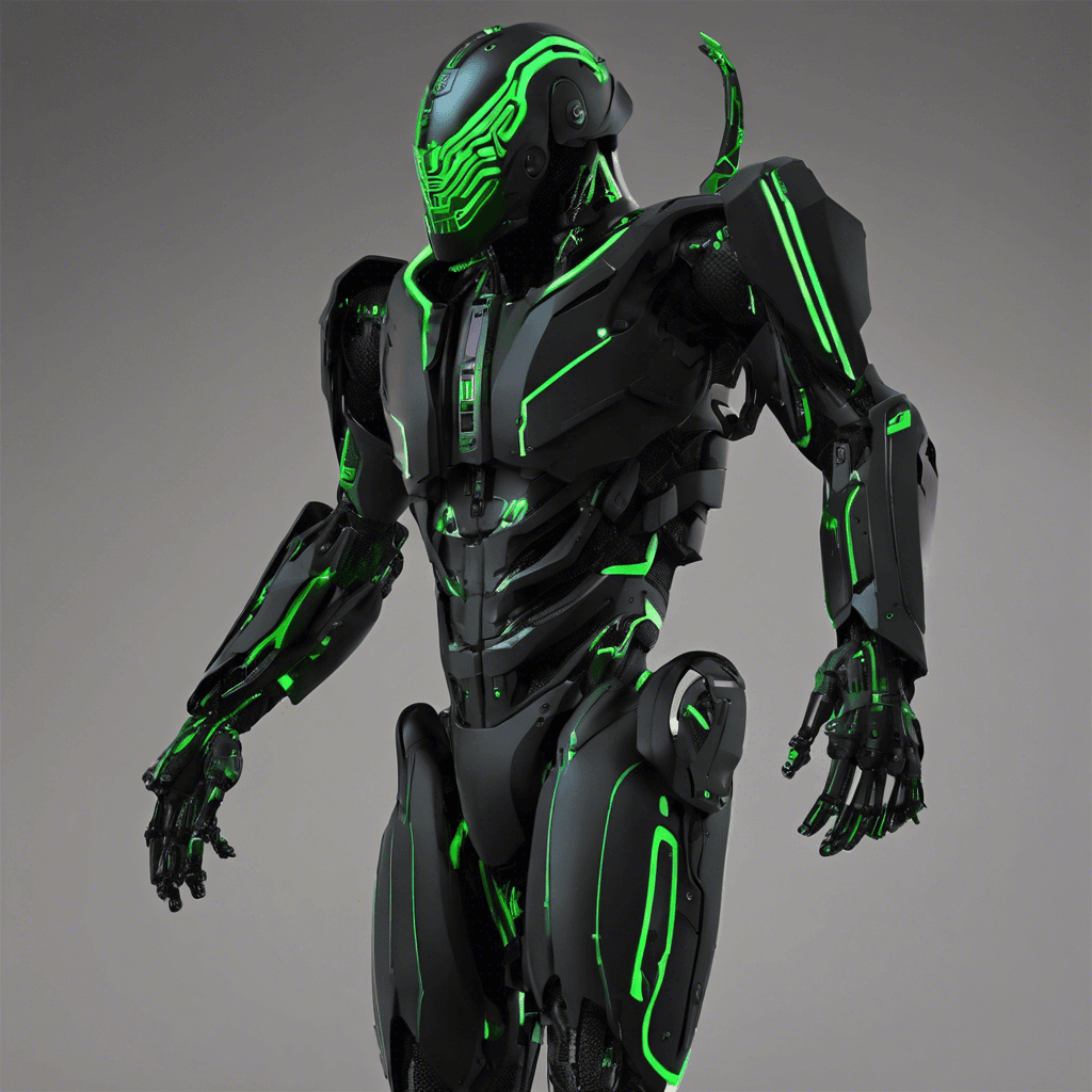 A towering figure in a sleek, matte-black exoskeleton with neon green circuit patterns pulsing across it. It has a visored helmet obscuring its face and cybernetic limbs that are equipped with various hacking modules and weapons.