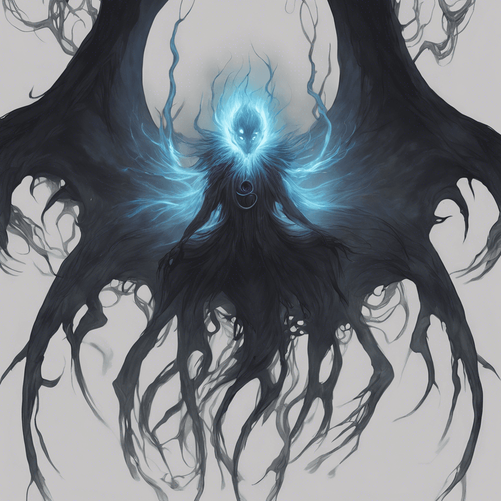 A wisp-like apparition shrouded in tendrils of darkness, eyes glowing with an unnatural hue, its form barely humanoid, wispy and shifting, with long, claw-like fingers.