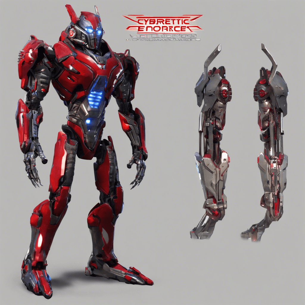 The Cybernetic Enforcer is a towering humanoid machine, its body covered in sleek metal plating with glowing red accents. It wields a pulsating energy blade in one hand and a powerful plasma cannon in the other. Its crimson visor scans the area with precision, ready to engage any intruders in combat.