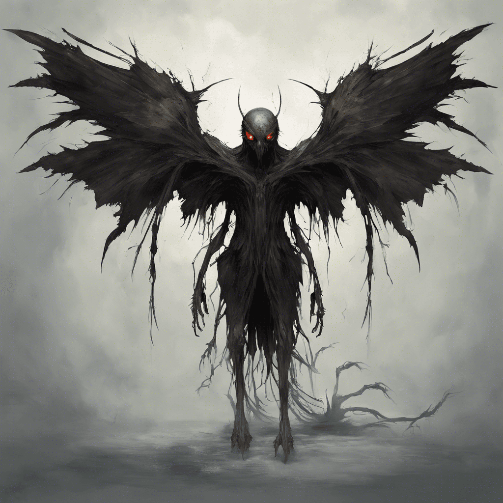 A sinister creature with tattered wings and sunken hollow eyes, that seems to absorb light around it, casting an ominous presence.