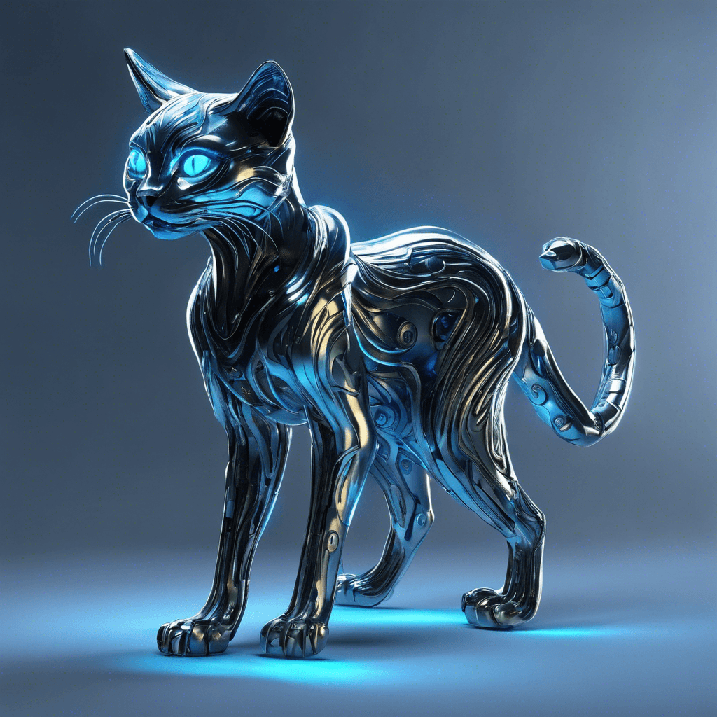 A sleek, feline-like creature with metallic, reflective skin and glowing neon blue eyes. It moves with an almost ethereal grace, its body seemingly phasing through shadows as it stalks.