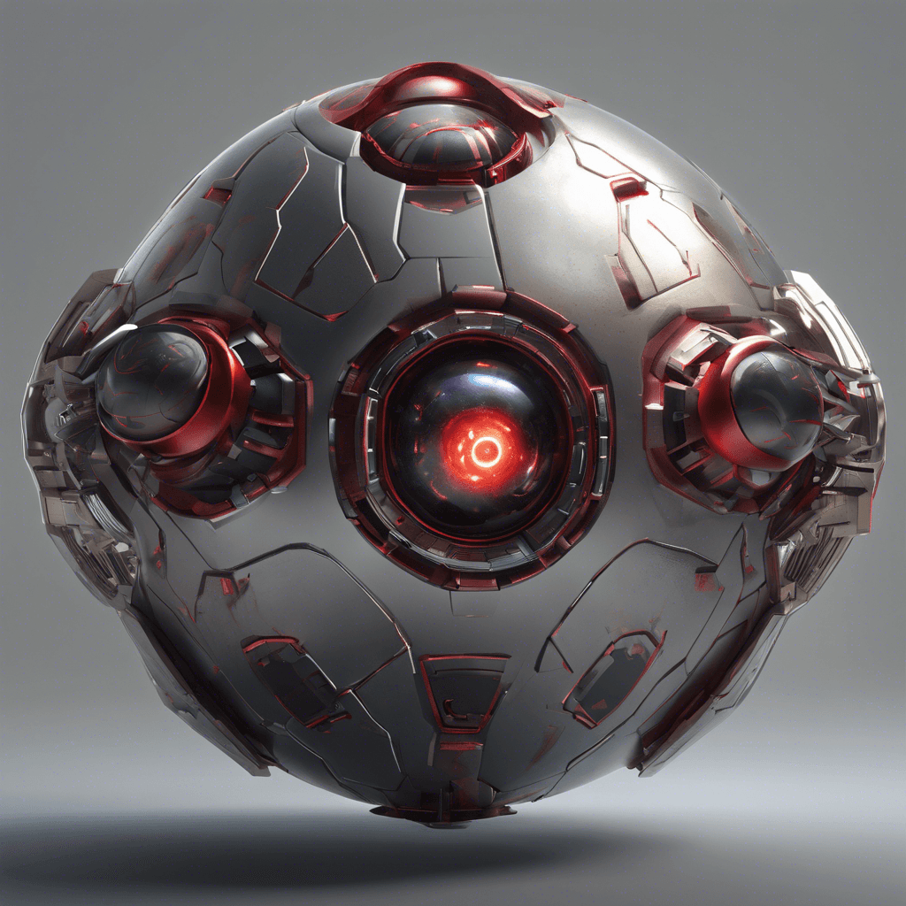 A spherical drone with a metallic sheen and a pulsing red eye at its center. It's equipped with an array of antennas and a series of small, but deadly, energy blasters.