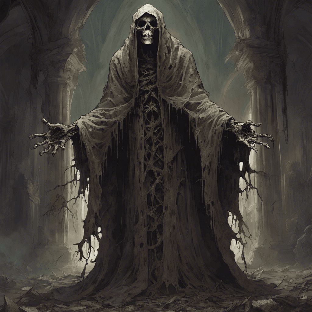 A hulking undead figure shrouded in tattered ecclesiastical vestments, its face a grotesque mockery of the holy, now marred by the visage of death. Hollow sockets where eyes should be, gape abyssally as gnarled, skeletal hands reach out with malevolent intent.