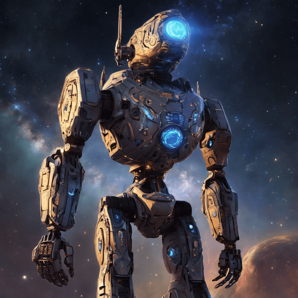 The Nebula Sentinel is a towering robotic entity covered in intricate designs resembling constellations. Its glowing eyes scan the surroundings with advanced sensors, ready to defend against any intruders in this galaxy.