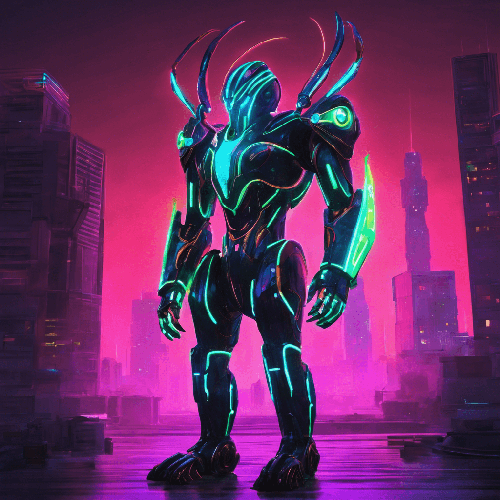 The Neon Guardian is a towering robotic figure clad in sleek, luminescent armor that emits a vibrant neon glow. Its eyes pierce through the darkness with an otherworldly intensity, and its metallic limbs move with unnerving precision.