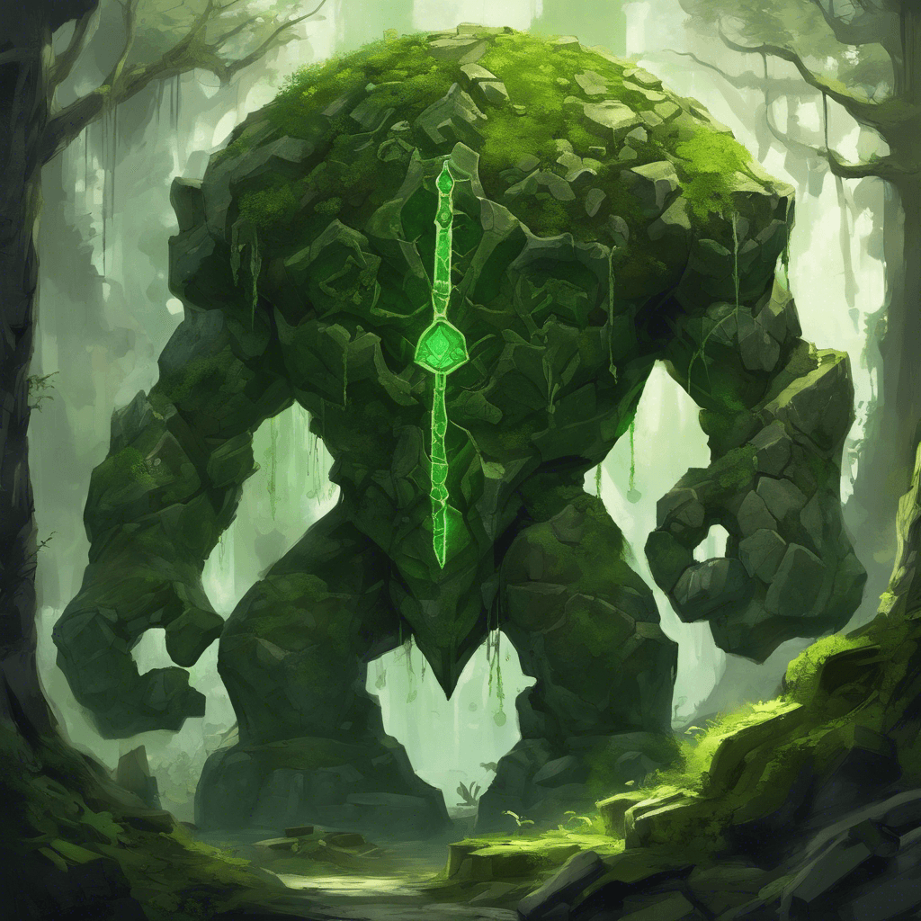 A colossal stone construct stands with moss-covered limbs, glowing runes etched across its body. Two piercing emerald eyes gleam from a rough-hewn face grimaced in eternal rage.