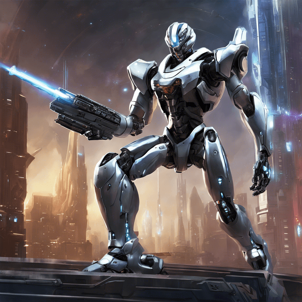 The Xenon Hunter is a sleek, silver robotic being standing at a formidable height, equipped with advanced weaponry and sensors. Its metallic body gleams under the galactic lights, exuding an aura of cold precision and ruthless efficiency.