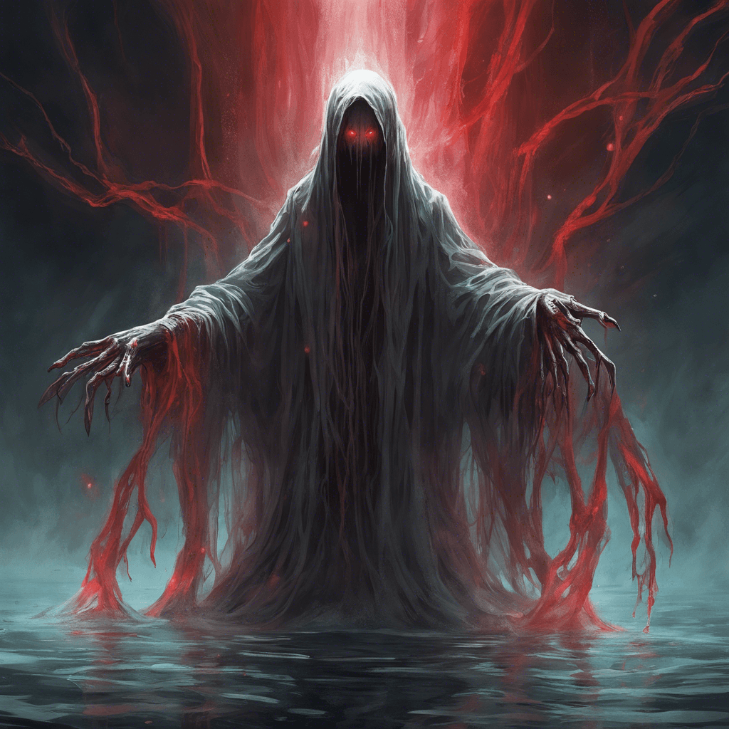 A spectral figure with elongated, wraith-like fingers, glowing red eyes, and tattered robes that float as if underwater. Its form flickers in and out of visibility.