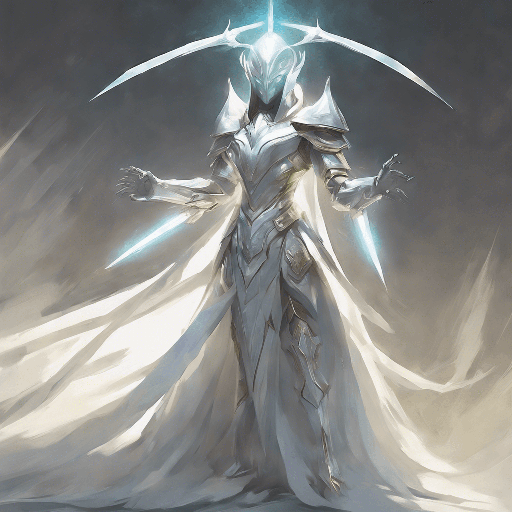 An ethereal and armored figure, glowing intensely with a pulsating aura of pure light. Eyes unseen beneath a helm of gleaming white, they carry a long, slender blade that hums with radiant energy.