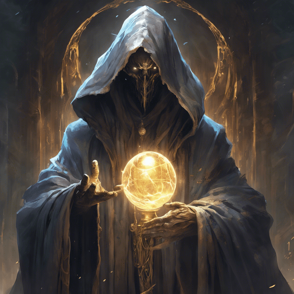 A towering figure draped in tattered robes, its face concealed beneath a hood. In its hands, it wields a staff crowned with a glowing orb that pulses with arcane energy. The air around it crackles with the power of the forbidden knowledge it guards.