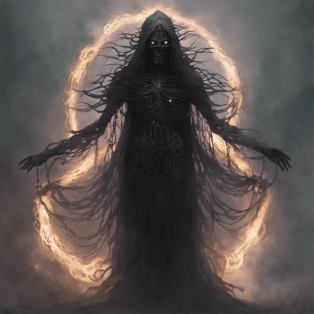 A spectral figure, wreathed in shadow and vapor, with eyes that burn like the dying coals of a funeral pyre. It bears ethereal chains that clink with the echoes of the forsaken.