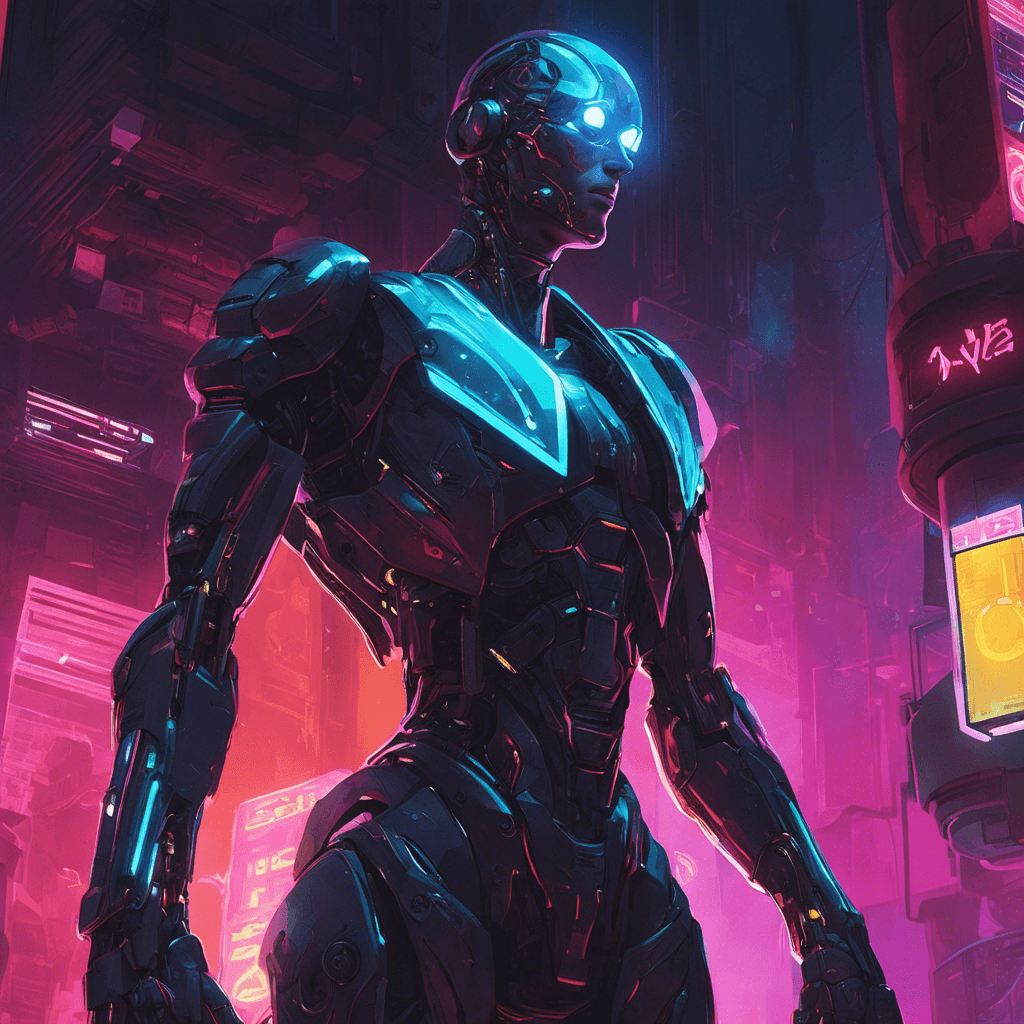 A slim silhouette stands partially obscured in the flickering neon light, its form a blend of human and machine, with cybernetic enhancements visible on the arms and an ominous glow emanating from its mechanical eyes.