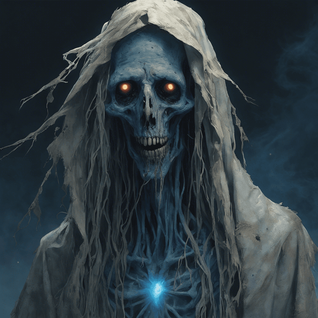 A gaunt figure with pallid, decayed flesh loosely hanging from its bones. It has long, stringy hair and eyes that glow with a haunting blue light. Its tattered robes float as if moved by an unseen wind, and its mouth is agape in a silent, dreadful scream.