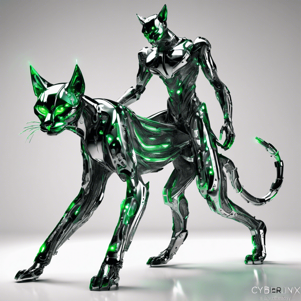 The Cyber Lynx is a sleek, humanoid figure with a feline grace. Its body is covered in a metallic, chrome-like skin with glowing circuit patterns tracing throughout. Its eyes are bright emerald LEDs, scanning the surroundings with predatory precision. It has retractable claws made of a high-tensile cybernetic alloy, and its movements are both silent and deadly.