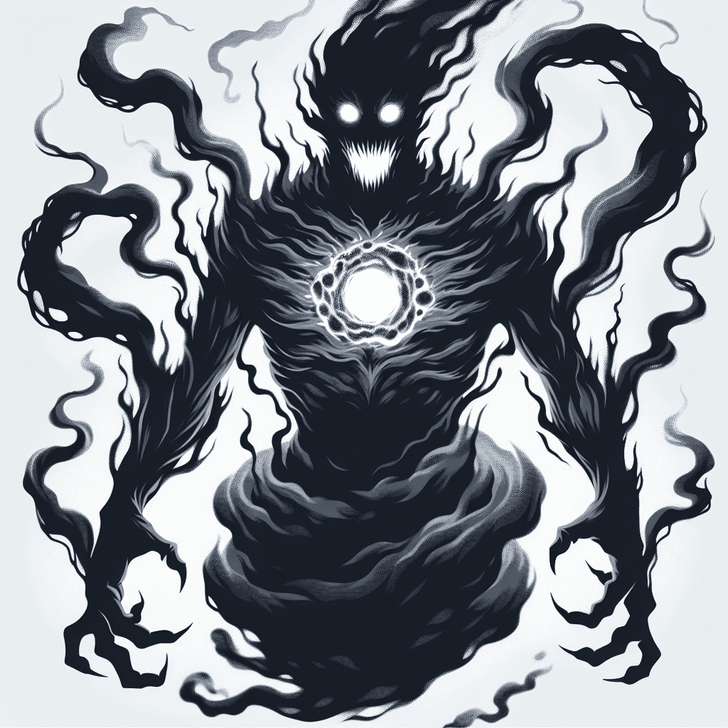 A hulking shadow with a humanoid silhouette. Its form constantly shifts between solid and smoke-like states. Vaporous tendrils spiral out from its core. Its eyes are two glowing white orbs, filled with malice and hunger for mortal essence.