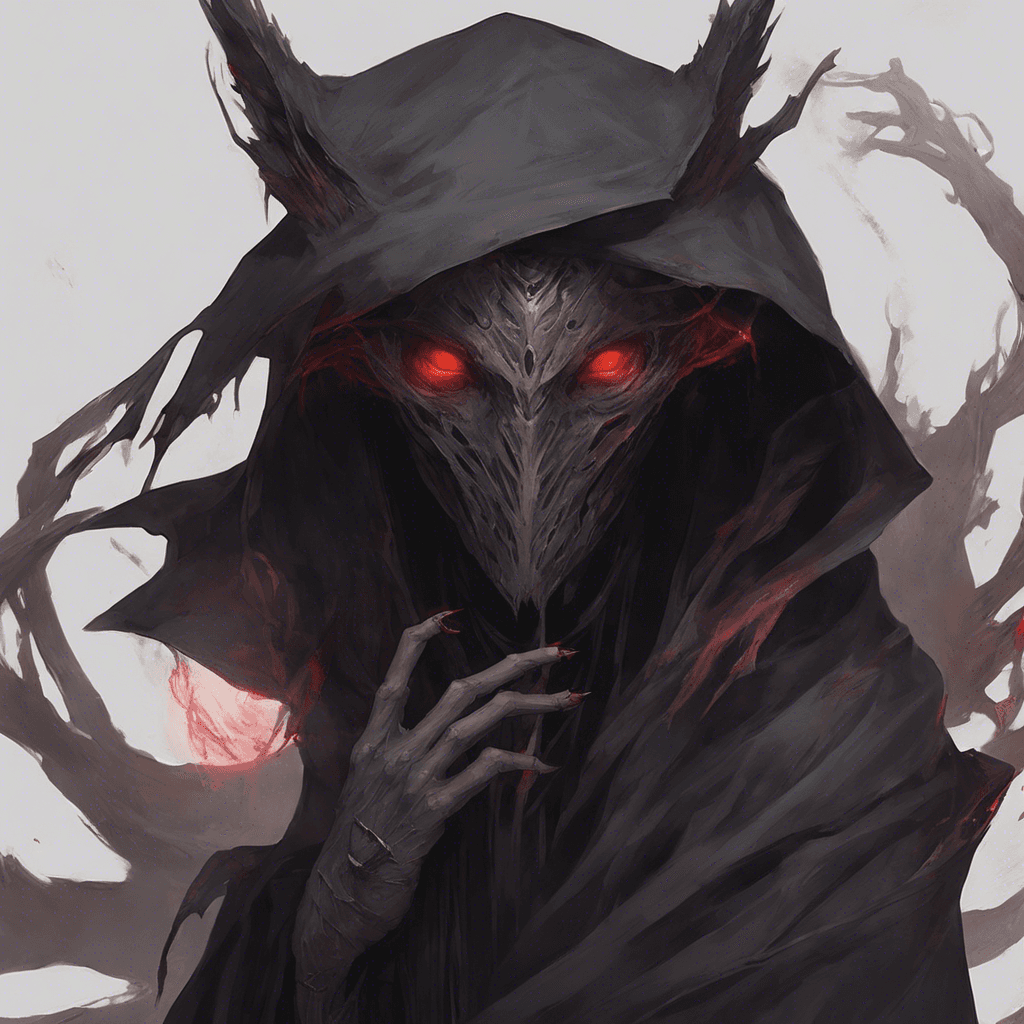 An ethereal figure, shrouded in dark tattered cloaks, with pale, almost translucent skin. Glowing red eyes pierce the dim light, and its fingers end in talon-like claws.