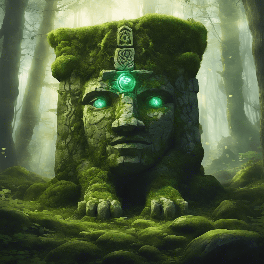 A colossal stone guardian with moss-covered skin that blends into the forest. Its eyes gleam with a mystical light, and ancient runes glow across its body. It moves with a deliberate, heavy grace, each step causing the earth to tremble slightly.