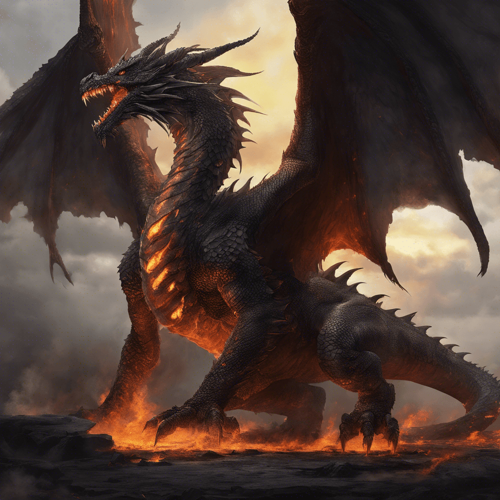 A gargantuan dragon with scales resembling burnt charcoal, smoke billowing from its nostrils, and eyes glowing like molten lava. Its immense wings are frayed at the edges, and its tail is spiked.