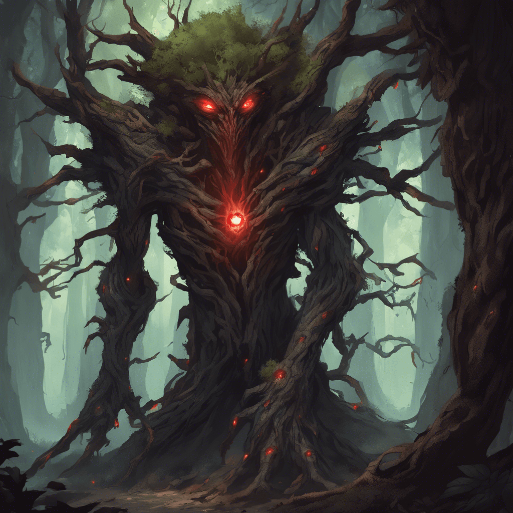 A colossal treant with dark, twisted bark and glowing red eyes. Its limbs are gnarled and thorny, pulsating with corrupt magic.