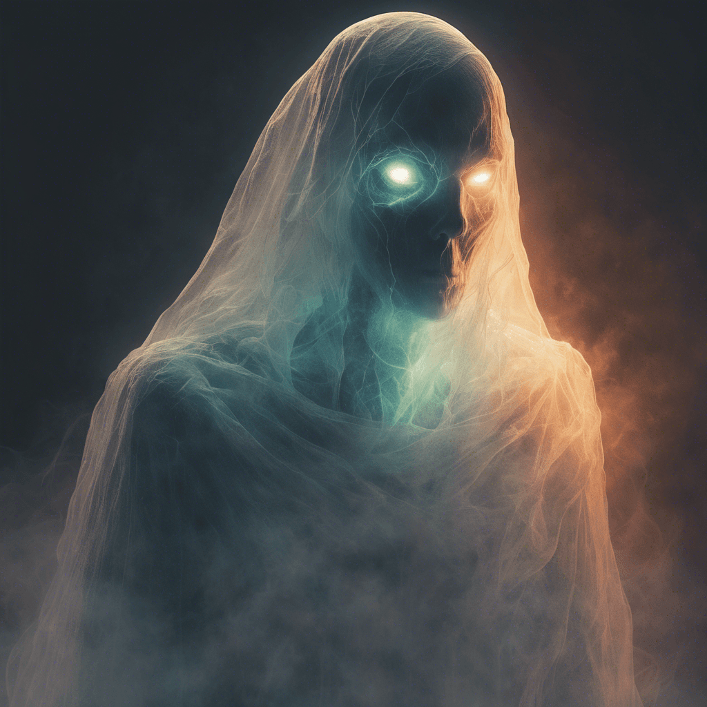 A translucent figure, shrouded in mist and emitting an eerie glow. Its eyes burn with a malevolent light, and its spectral form seems to waver and shift constantly, making it hard to focus on.