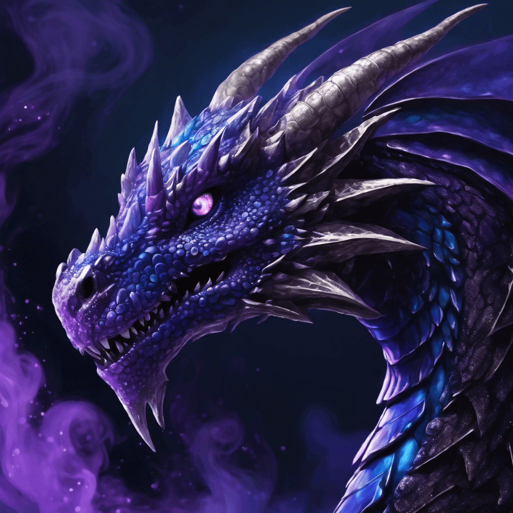 A sleek dragon, with scales shifting hues between shadowy violet and a deep midnight blue. Its eyes glitter with a predatory intelligence, and smoke tendrils rise softly from its nostrils.