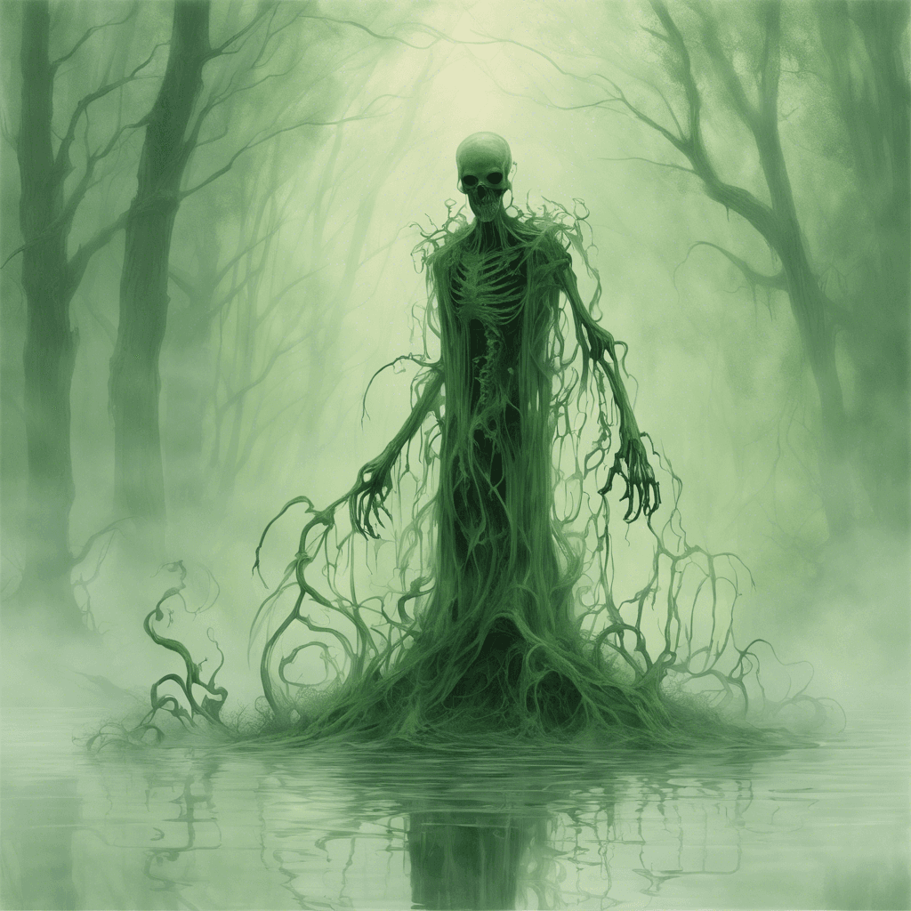 A translucent phantom with swamp green, vapor-like tendrils swirling around its skeletal figure, eerily reflecting the faint light through the dense fog of the swamp.