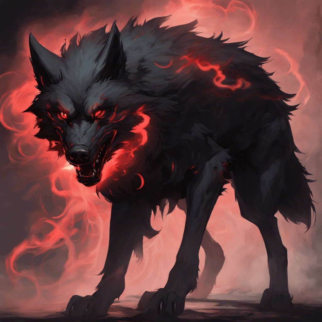 A large, shadowy wolf-like creature with glowing red eyes and smoke billowing from its matted fur, exuding an aura of malevolence.