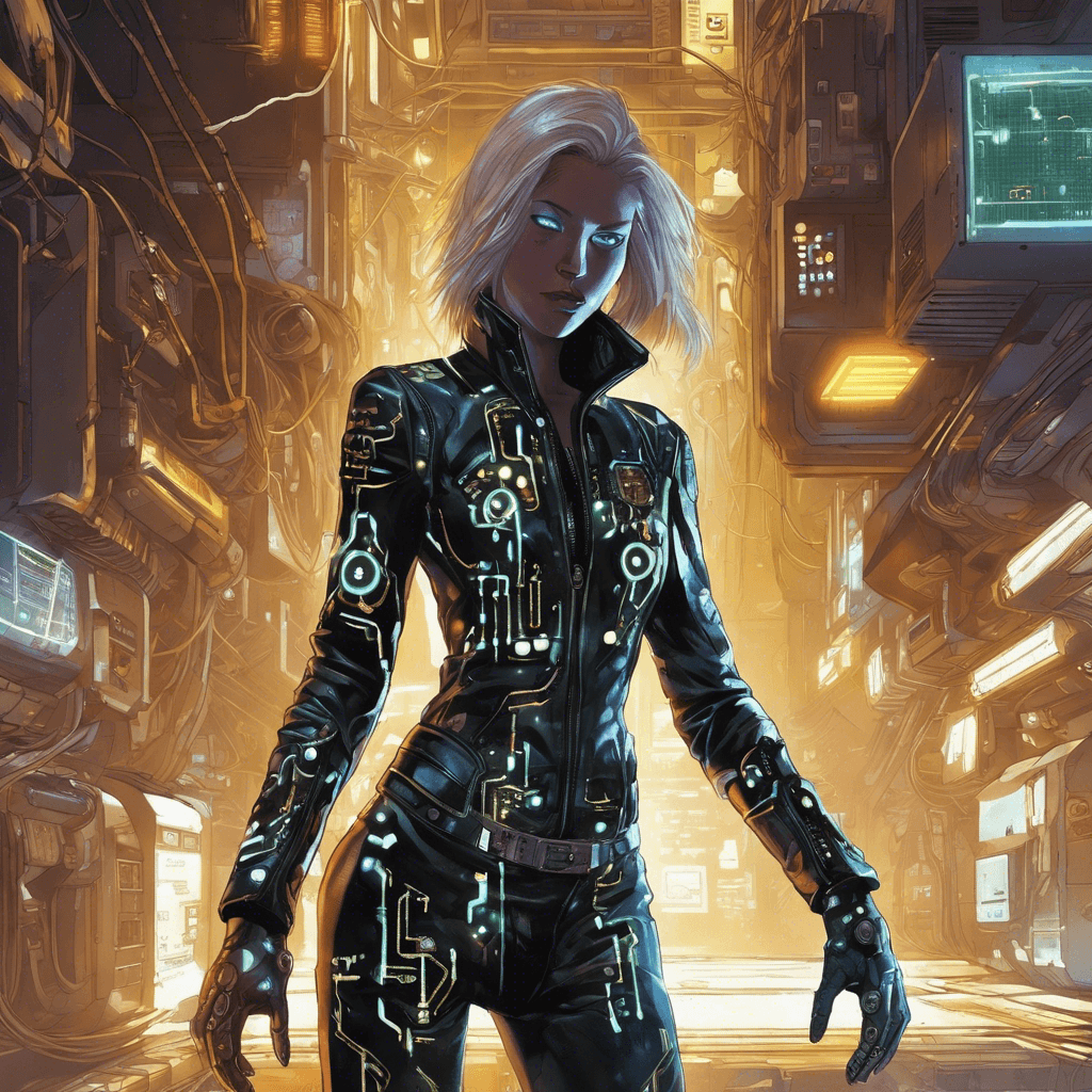 A sleek figure in a worn leather jacket adorned with glowing circuit patterns steps out of the shadows. Augmented eyes gleam with predatory focus, and cybernetic implants pulse along exposed arms, illuminating numerous data ports. Fingers tipped with metallic claws hover over a portable hacking device strapped to the forearm.