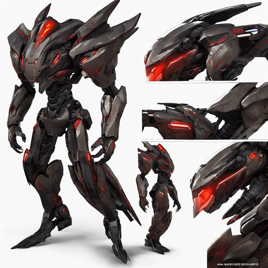 The Xeno Seeker is a sleek, robotic hunter with sharp angular features and glowing red eyes that scan its surroundings with precision. Its body is adorned with advanced weaponry and sensors, making it a formidable foe in combat. It moves with uncanny speed and agility, able to traverse any terrain effortlessly.