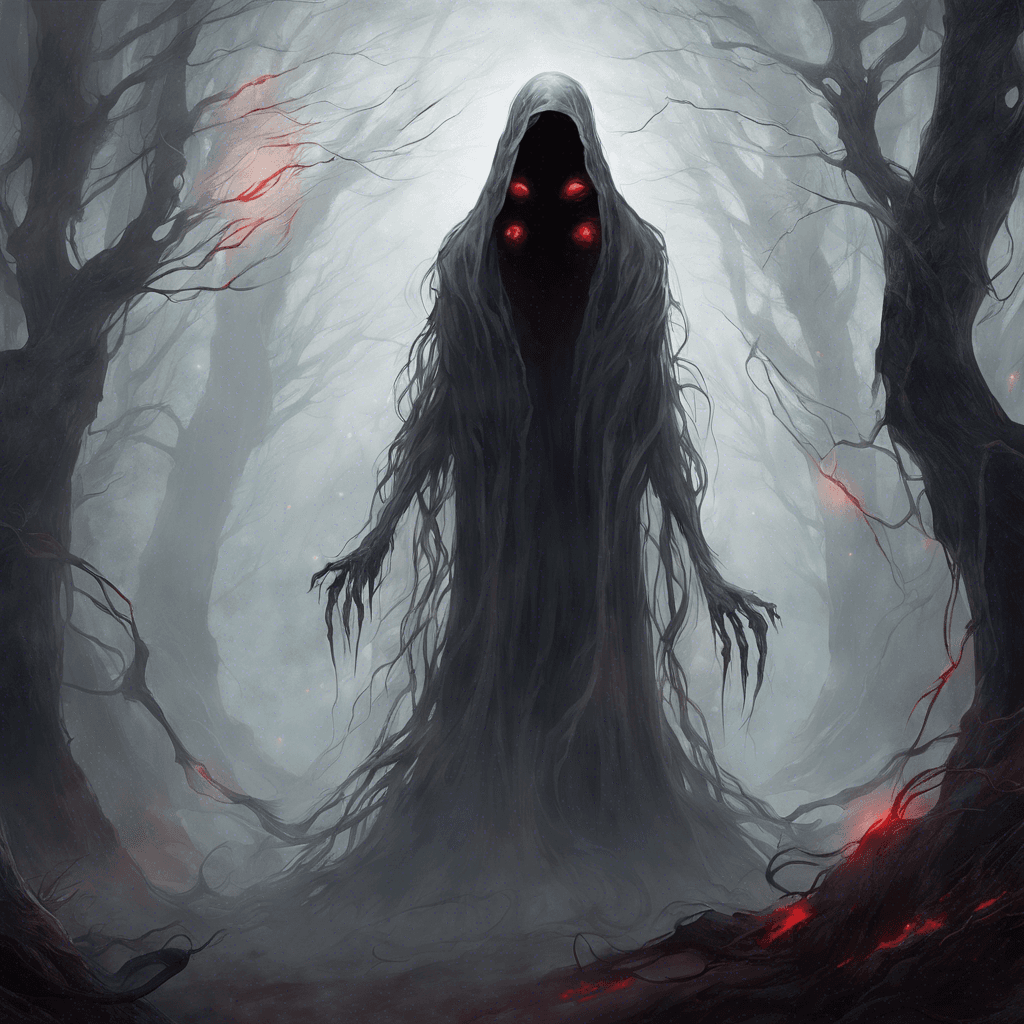 The Void Wraith is a ghostly figure shrouded in shadows, with glowing red eyes that pierce through the darkness of space. Its body appears ethereal, as if it's not fully corporeal. It emits a chilling aura that freezes the surrounding atmosphere.