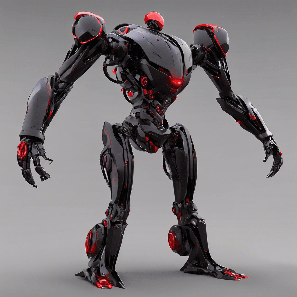 A sleek robotic entity with a humanoid structure, covered in an ebony metal alloy, with red optical sensors and various concealed weaponry.