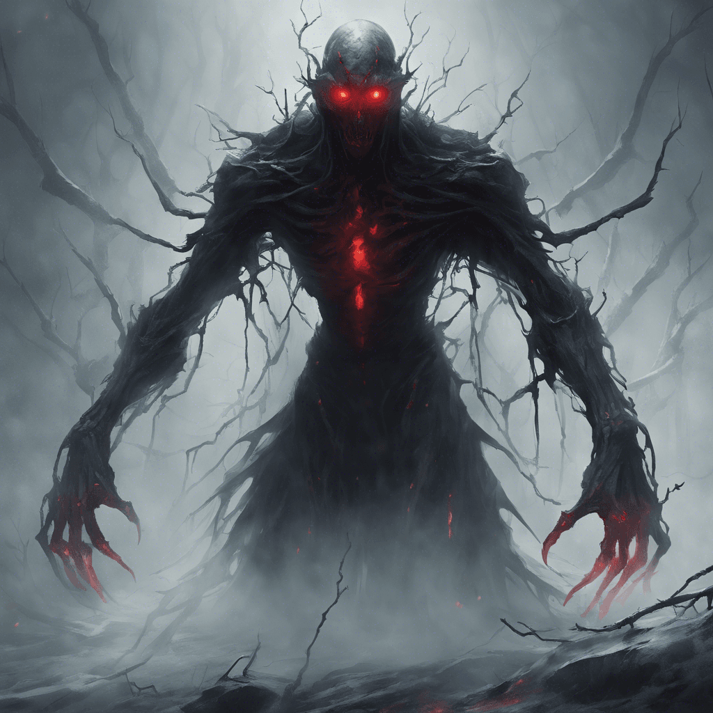 A dark entity shrouded in mist and shadows, with glowing red eyes that pierce through the darkness. Its gaunt figure seems to flicker and shift, making it hard to focus on its true form. The air around it grows icy cold, chilling the bones of those who dare to face it.