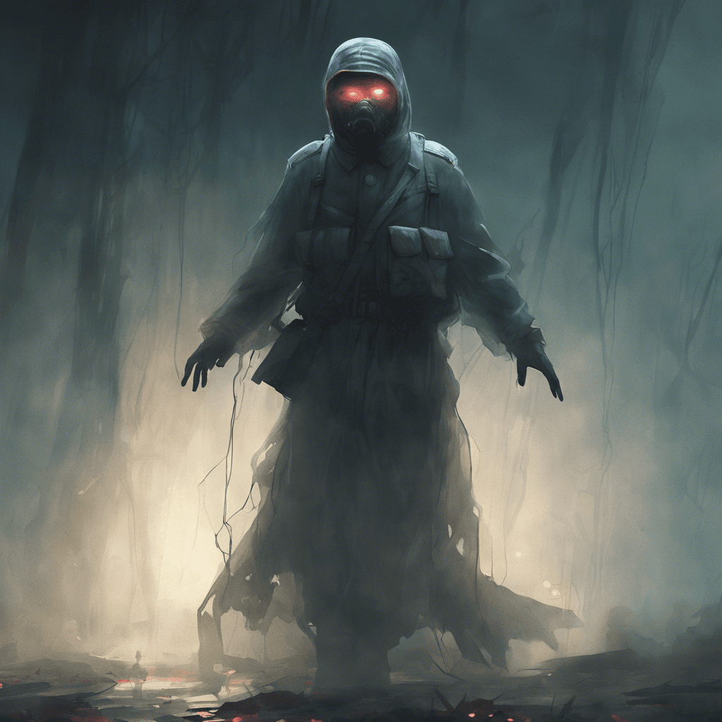 A ghostly figure, translucent and floating above the ground, with tattered Soviet-era uniform clinging to its ethereal form. Glowing eyes pierce the darkness.