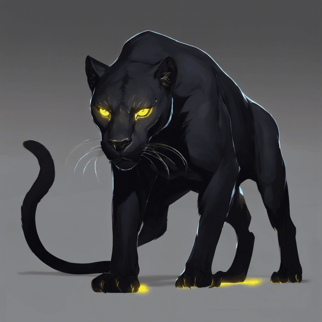 A sleek and lithe panther-like beast with obsidian fur that seems to absorb the light around it. Its piercing yellow eyes glow with an otherworldly luminescence, and sharp, elongated claws glint menacingly in the dark.