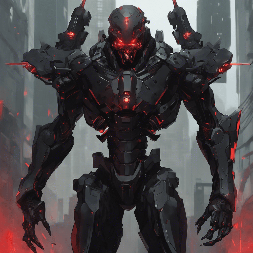 A towering figure clad in matte black, armored exoskeleton equipped with various cybernetic enhancements. Glowing red eyes peer out from beneath its helmet, giving off an ominous sense coupled with the menacing aura of his presence. Embedded within his arms are advanced weaponry systems.