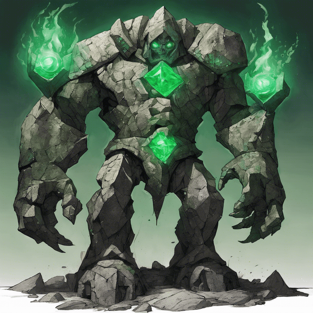 Arinthor is a massive stone golem, towering over seven feet tall with a girth to match. Its body is an amalgam of enchanted rubble and ancient armor, etching arcane runes glow with a menacing light across its chest and arms. Its eyes, two deep-set emeralds, burn with a supernatural vigilance as it moves with a heavy, deliberate gait, ready to unleash its formidable magic.