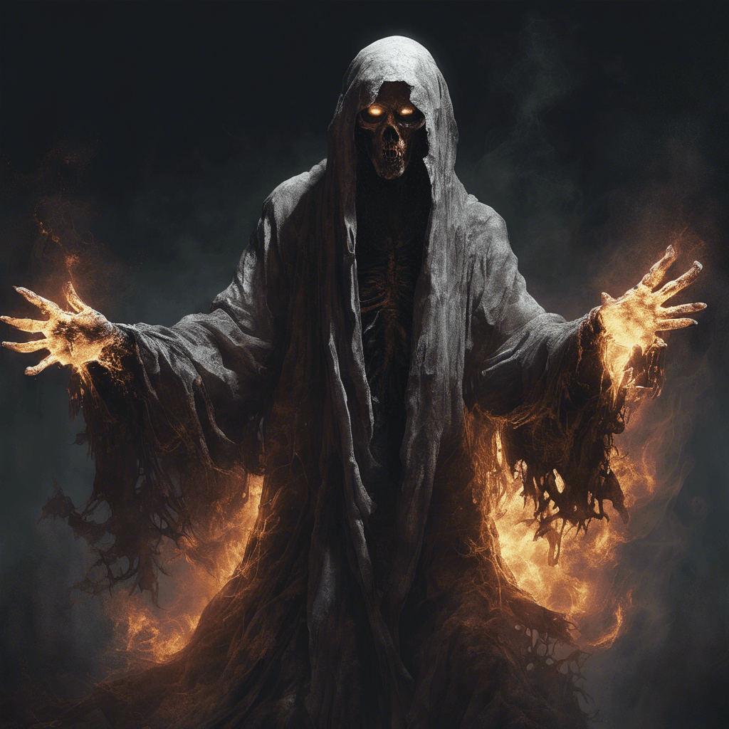 A gaunt figure shrouded in tattered robes, with an unsettling, ghostly pallor to his skin. Dark energy crackles around his outstretched hands, and his eyes burn with a deep, unholy light.